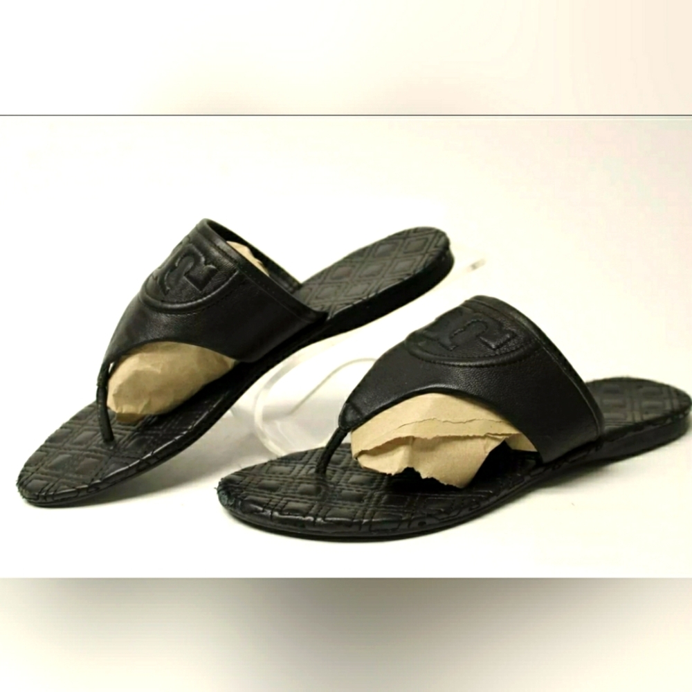 Tory Burch Fleming Black Leather Thongs Sandals Flats Shoes Women 8M